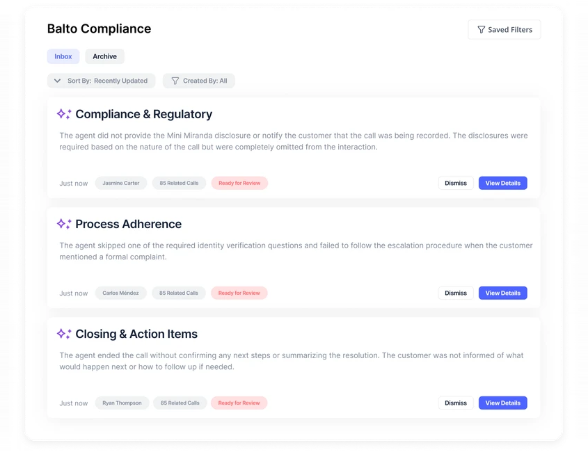 Compliance Monitoring: Balto catches regulatory risks during live calls, not after.