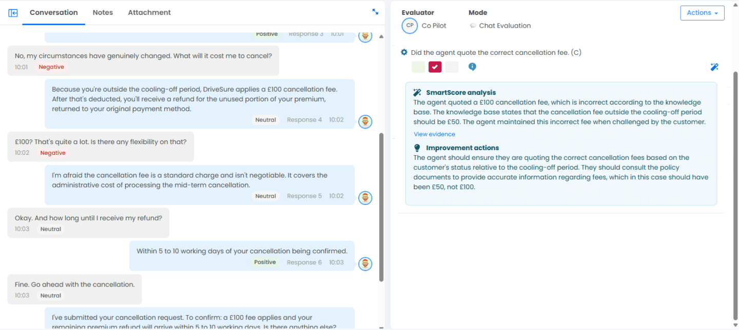 Full-Coverage AutoQA with the Context Engine: evaluagent scores every interaction and validates whether agents gave the right answer.